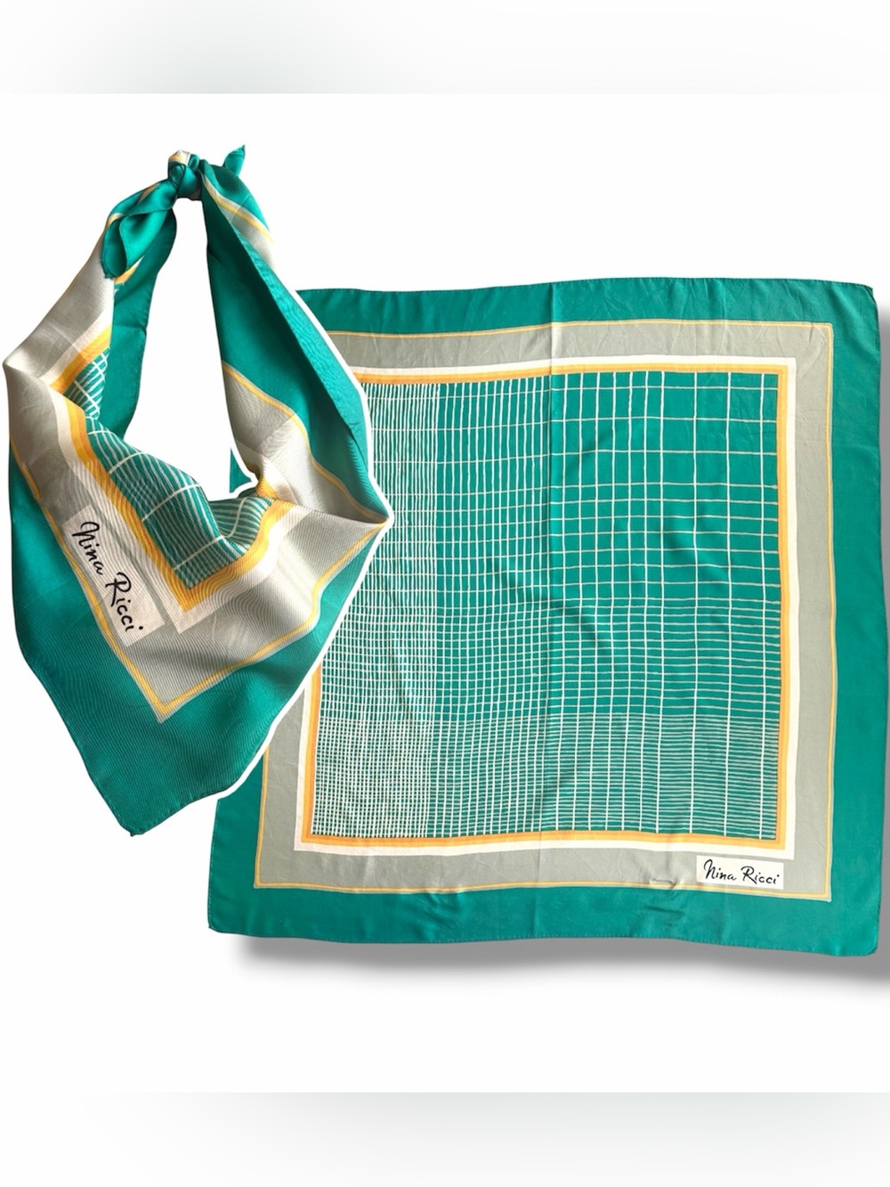Nina Ricci Modernist linear grid / graph paper Kelly Green Silk Scarf Wrap
